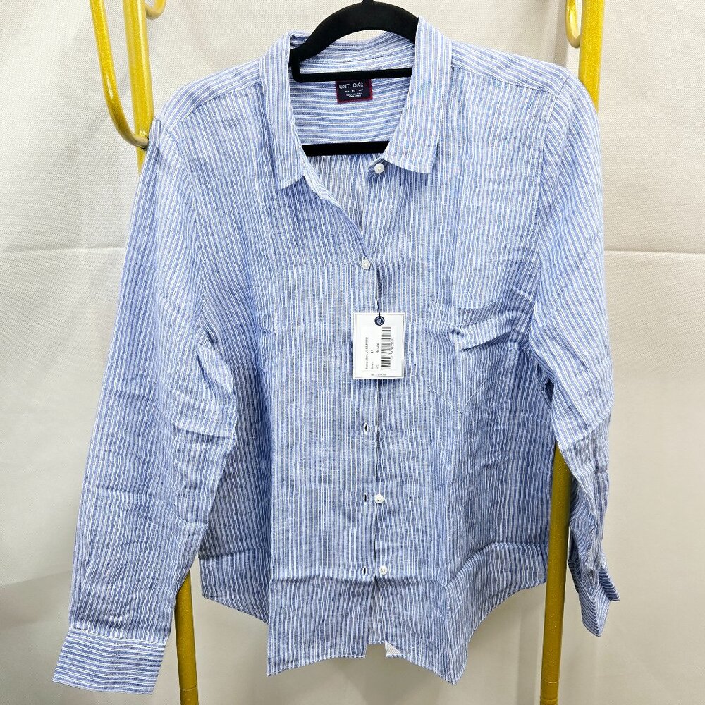 NWT UNTUCKit VILLA FIORE 100% LINEN BLUE WHITE PINSTRIPE BUTTON FRONT SHIRT - Picture 2 of 9